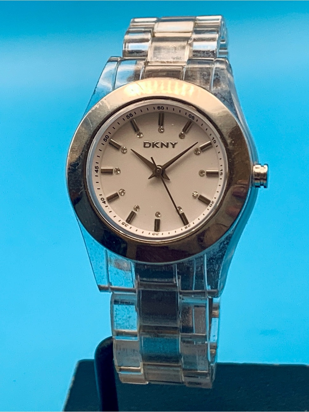 DKNY NY-8147 Women’s Fashion Quartz Wristwatch Clear Strap/Case Works New Batt
